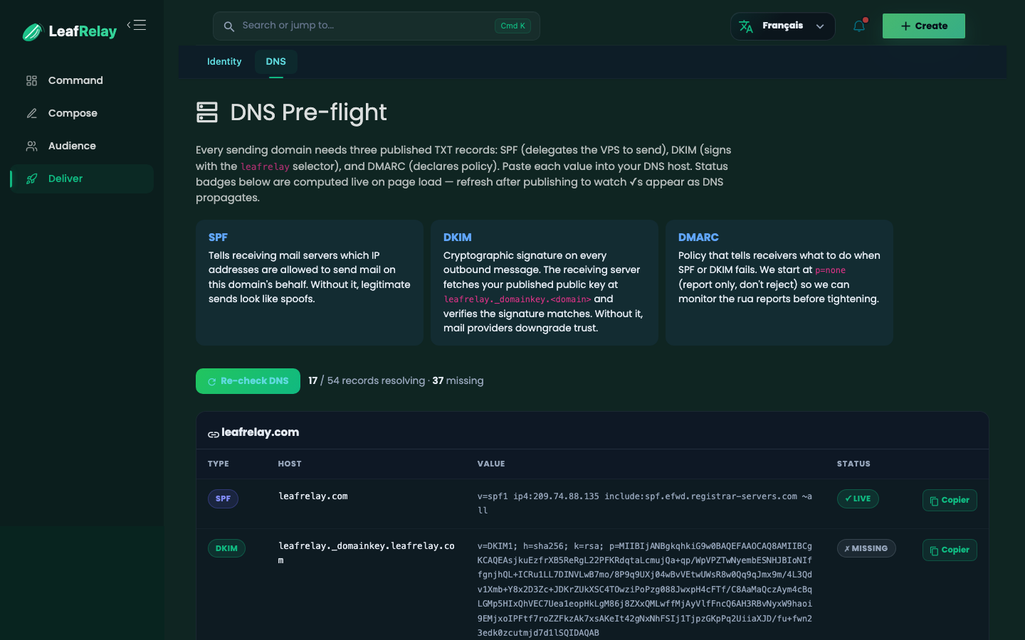 LeafRelay DNS pre-flight page showing SPF, DKIM, and DMARC readiness.